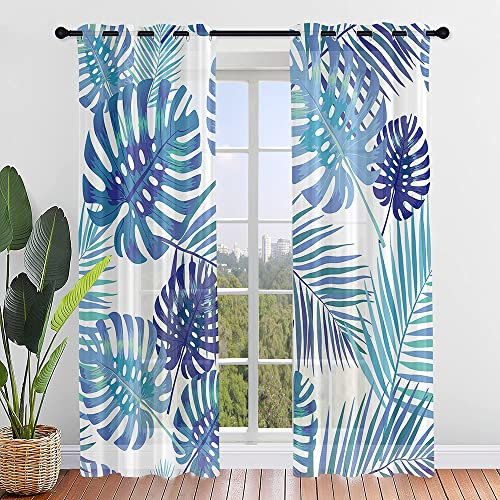 Hiseng Voile Vorhänge mit Ösen Durchsichtig Halbtransparent Ösenvorhang für Fenster Wohnzimmer Schlafzimmer Tropisch Pflanzen Moderne Elegante Transparent Gardine 2er Set (107x160cm,Blaue Monstera)