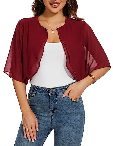 HANERDUN Bolero Damen Festlich Elegant Chiffon Strickjacke 3/4 Ärmel Kurz | Schulterjacke, Allerlei Cocktailkleid Abendkleid, Cardigan, Kräuseln Schulterjacke Top, Bolero Damen Festlich