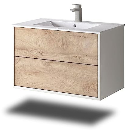 Stil.Zeit Evelia Badmöbel inkl. Waschbecken | Waschtisch mit Unterschrank 80.5 cm | Weiß/Dekor Eiche Natur| Push-to-Open/hängend