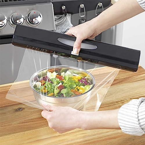 Maximex Folienschneider PERFECT CUTTER, kinderleichter Folienspender für sauber abgetrennte Folie per Knopfdruck, praktischer Folienabroller mit Sichtfenster, für Alu- & Frischhaltefolie, Schwarz