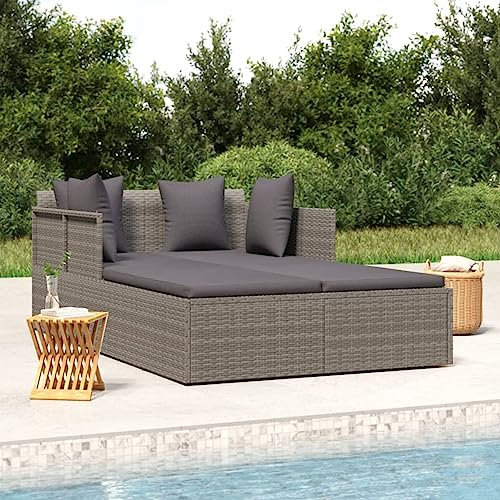Tidyard Sonnenliege 2 Personen, Doppelliege, Gartenliege, Relaxliegen, Gartenbett, Poly Rattan Grau 182x118x63 cm