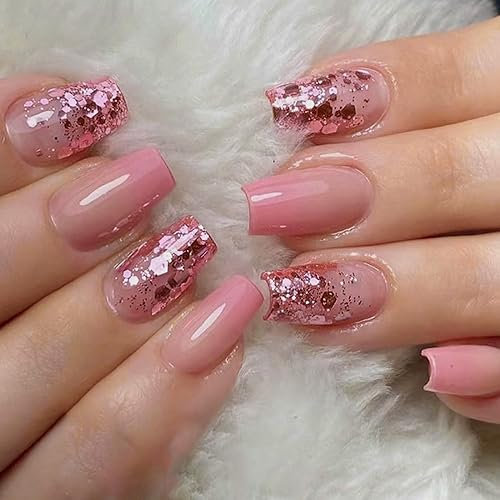 24Pcs Press on Nails Short Square, French Tips False Nails Pink Gradient Glue on Nails with Elegant Design, Glossy Glitter Acrylic Full Cover Stick on Nail for Women Girls Manicure Decoration