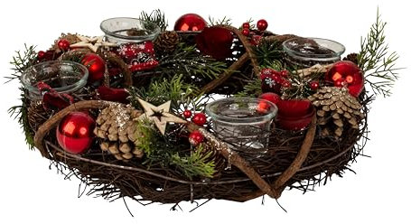 Weihnachtlicher Adventskranz aus Mehreren Materialien rund mit rot/grün/brauner Dekoration für Teelichter Durchmesser 34 cm