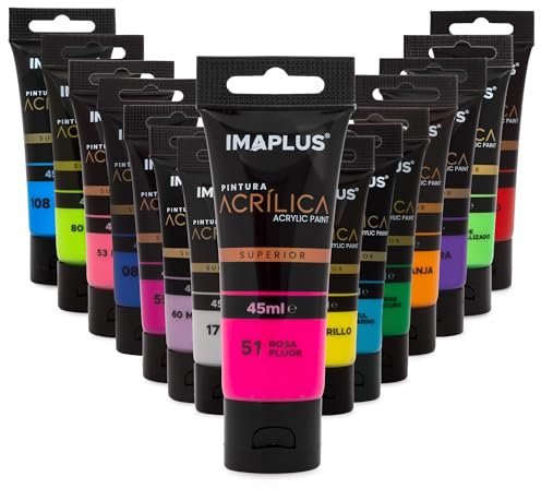 IMAPLUS Pintura Acrílica 6 x 45 ml - Pack pinturas, 45 Colores, 6 Tubos o botes de Pintura, No Tóxica, para Manualidades, Lienzos, Tela, Madera - Pack Personalizable