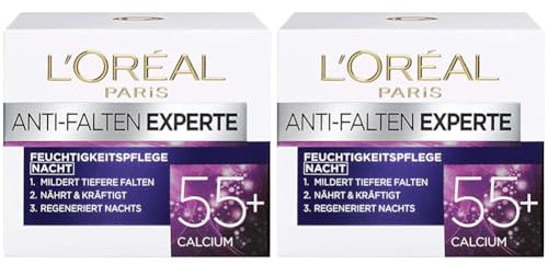 L'Oréal Paris Nachtpflege für das Gesicht, Feuchtigkeitspendende Anti-Aging Nachtcreme mit Calcium zur Minderung von Falten, Anti-Falten Experte 55+, 1 x 50 ml (Packung mit 2)