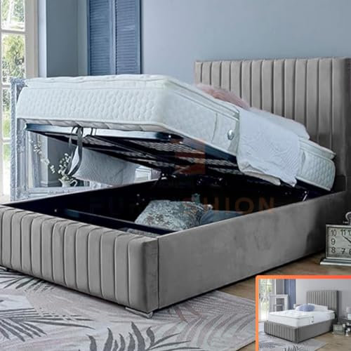 Furnishion King Size Bed Frame with Storage - Grey Velvet Ottoman Bed King Size - Panel Storage Bed and Mattress Included - 48inch High Headboard