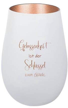 Der-Porzellan-Laden Windlicht mit Gravur Gelassenheit ist der Schlüssel zum Glück, Weiß Bronze, Teelichthalter aus Glas mit Spruch, Tischdeko modern
