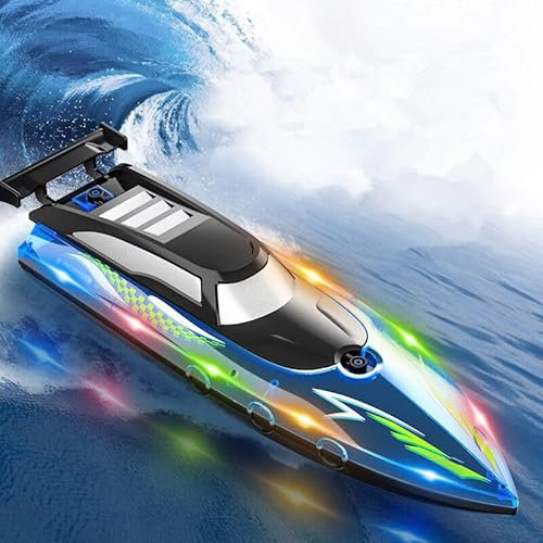 OBEST Bateau Télécommandé, RC Bateau de Course Haute Vitesse avec Lumières LED, 2.4GHz Racing Boat pour Piscines et Lacs avec 2 Batteries, Piscines et Lacs Jouet de Bateau pour Adulte et Enfant