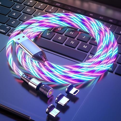 LED USB Cable, 3 in 1 Magnetic Light Up Charging Cable 360 Rotating LED Phone Charger Multi Led Flowing Fast Charging Cord (Multicolor, 2M)