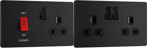 BG Electrical Evolve Cooker Control Socket, Double Pole Switch with LED Power Indicators, 13A, Matt Black & Electrical Evolve Double Switched Power Socket, 13A, Matt Black