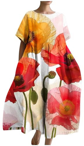 Plissiertes Maxikleid Damen Sommerkleid Plus Size Sommerlanges Freizeitkleider Swing Kleid Strandkleid Damen Große Größen Lockeres T-Shirt Kleid Blusenkleid Damen Kurzärmliges Kleider A-Linien-Kleid