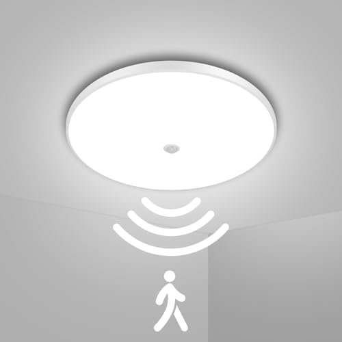 LED Deckenlampe mit Bewegungsmelder,24W 2400LM Lampe mit Bewegungsmelder Innen,6500K KaltesWeiß LED Deckenleuchte m𝐢t Bewegungsmelde𝐫,Ø26cm Deckenleuchte Flach für Flur,Balkon,Keller,Garage