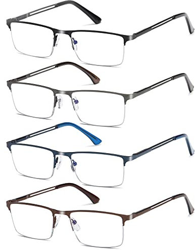 Fsread 4 Pack Halbe Rahmen Lesebrille für Herren Komfortable Robuste Leichtes Rechteckige Metallrahmen Blaulichtfilter Brille mit Federscharnier +2.0