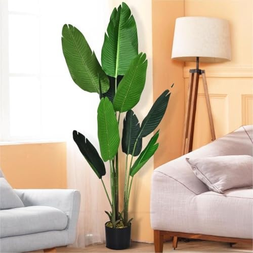 TANGZON 160CM Artificial Banana Tree, Faux Bird of Paradise Palm Tree in Pot with 10 Leaves, Indoor Outdoor Decorative Evergreen Potted Fake Plants for Home Office Porch Garden (1)