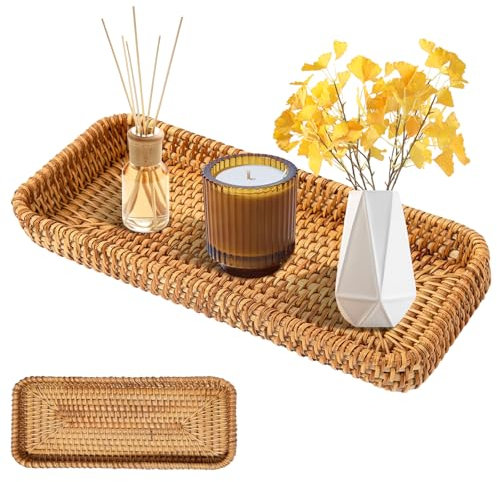 PRITOK Panier de rangement rectangulaire en rotin tressé : 27,5 x 11 x 4 cm Plateau décoratif tressé pour serviettes Panier de rangement décoratif Décoration de salle de bain Panier tressé pour le