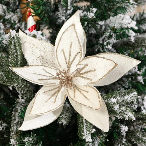 GL-Turelifes Große Glitzer-Weihnachtsblumen, 6 Stück, künstlicher Weihnachtsstern, Samt, Weihnachtsbaum Blumen Ornamente, gefaltete Blumen für Weihnachts Neujahr, Hochzeit Dekoration (Creme weiß)