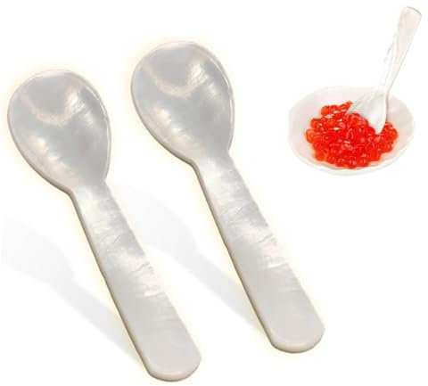 ZKGYUS 2 Piezas Cucharas de Nácar Mini para Caviar y Huevo - Hechas a Mano, Color Blanco, Extremos Redondos - Para Servir, Café y Postre