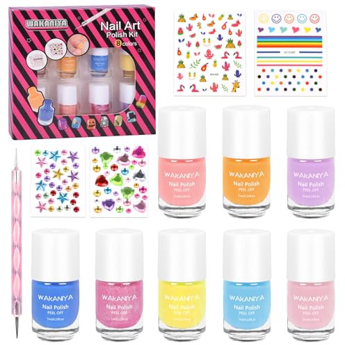 wakaniya Kids Nail Polish Set for Girls, 8 Candy Colors Peel off Water-Based Nail Polish with Diamond Stickers, Non Toxic Low Odor Quick Dry Toddler Nail Varnish kit
