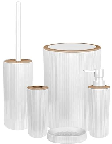 IlGruppone Set Completo Accessori Bagno 5 Pezzi Design Moderno in Plastica Incluso Cestino Pattumiera,Dispenser Sapone Portascopino con Scopino Incluso,PortaSaponetta,Porta Spazzolini - Bianco