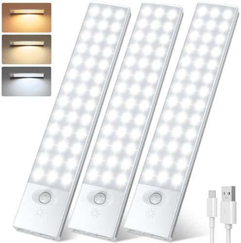 YOOKESEN Luce LED Sottopensile Cucina, 6500K Dimmerabile Luce Armadio Led con Sensore, 23CM 1500mAH Magnetico Ricaricabile luce notturna, 4 Modalità per Camera da Letto, Armadio, Cucina (3 Pezzi)