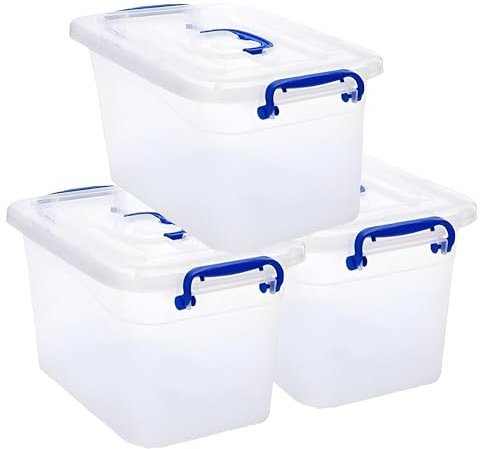 STL Pack Of 3 Heavy-Duty Clear Plastic Storage Box with Lid 45L, Stackable Storage Container for Home, Office, Kitchen, Toys, and Goods, Secure Clip-Lock Lid, Durable & Transparent Design
