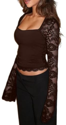 Women's Lace Trim Square Neck T Shirt Y2K Long Bell Sleeve Slim Fit Basic Crop Tops Blouse Fairy Aesthetic Tee Shirts Streetwear
