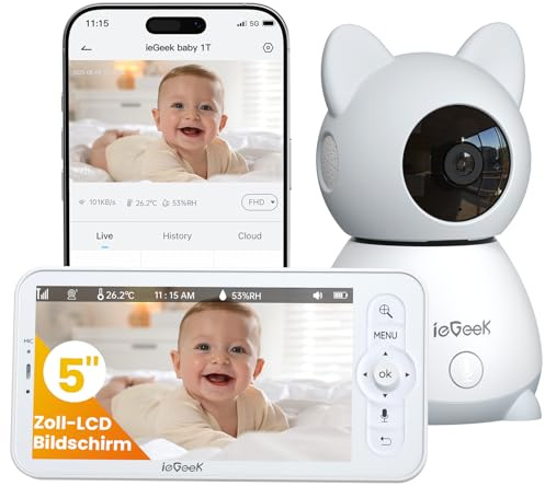 ieGeek 2K Babyphone 5 WLAN Nachtsicht, App, PTZ, Bewegungserkennung | automatischer Verfolgung/Gegensprechfunktion/Weinerkennung/Temperaturerkennung
