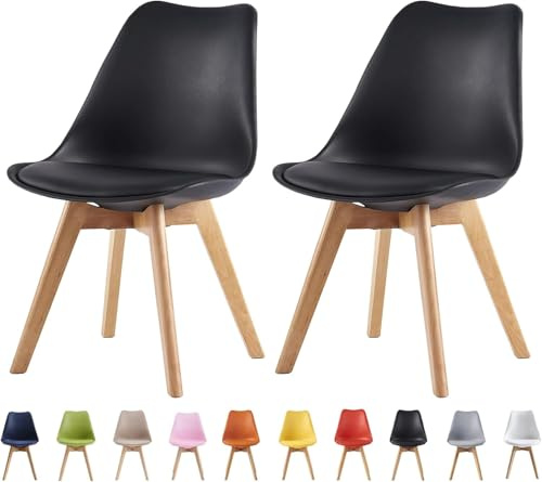 mcc direct Set of 2 Dining Chairs Wooden Legs Soft Cushion Pad Stylish DELUXE Retro Lounge Dining Office (Black) - EVA