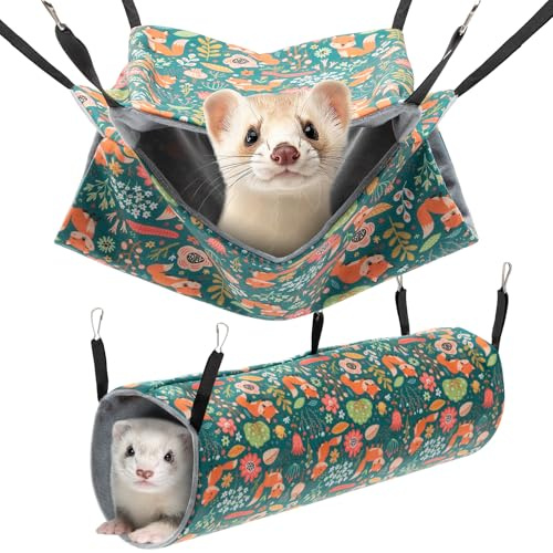 ondware 2 Pack Ferret Hammock and Tunnel Set, Soft Ferret Toys, Washable Rat Cage Accessories for Hamster Sugar Glider Squirrel