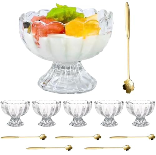 Odoukey Set da 6 coppe per gelato con cucchiai, coppe da dessert in vetro trasparente smerlato per frutta, insalata, snack e gelateria