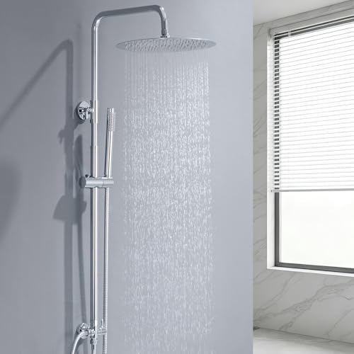 Auralum Regendusche Edelstahl ohne Armatur,Duschsystem mit Duschkopf 25cm Rund,Messing Wasserteiler,Edelstahl Handbrause,Höhenverstellbar Duschstange,Duschsäule Set Chrom,Vorhandene Bohrlöcher