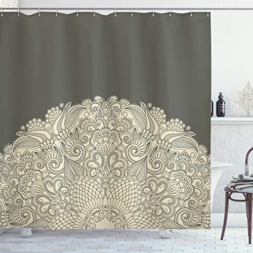 ABAKUHAUS Orientalisch Duschvorhang, Floral Halbe Mandala, Stoffliches Gewebe Badezimmerdekorationsset mit Haken, 175 x 200 cm, Beige und Dunkel Taupe
