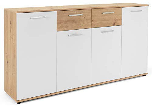 möbelando Sideboard >Jacklin< in Artisan Eiche Absetzung weiß - Moderne Kommode mit viel Strauraum für Ihren Wohnbereich - 160 x 85 x 35 cm (B/H/T) Beistellschrank Anrichte Standschrank Highboard