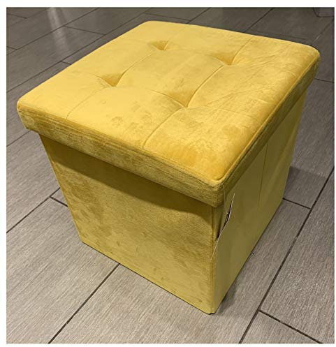 HOME LIVING Luxurious Foldable Brushed Velvet Square Storage Box Seat Ottoman (Mustard Yellow)