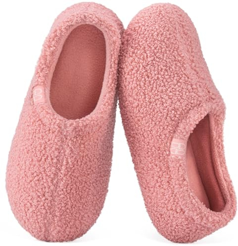HomeTop Women's Fuzzy Curly Fur Loafer Slippers, Pink 9-10 US