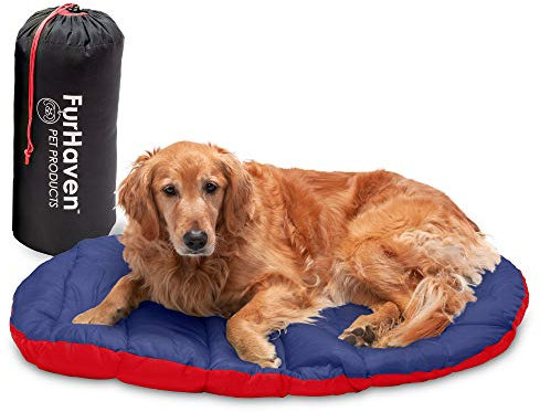 Furhaven Large Dog Bed Trail Pup Travel Pillow Mat w/Stuff Sack, Washable - Flame Red/True Blue, Large