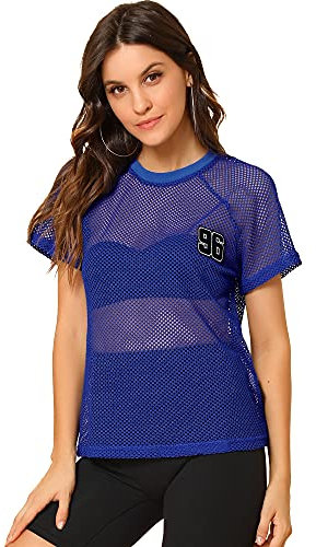 Allegra K Blusa Cubierta De Malla Manga Raglán Cuello Redondo Rejilla Transparente para Mujer Azul S