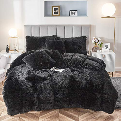 Uhamho Faux Fur Velvet Fluffy Bedding Duvet Cover Set Down Comforter Quilt Cover with Pillow Shams, Ultra Soft Warm (Black, Queen)
