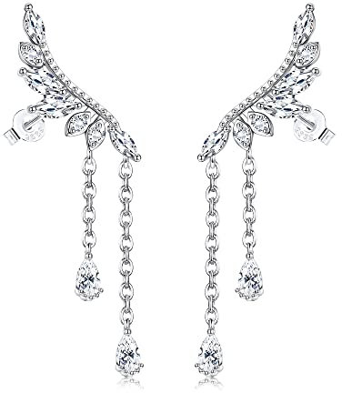 JeweBella Ohrringe Silber 925 Hängend Damen Mädchen Engel Silber Ohrringe Damen 925 Zirkonia Kristall Bling Bling Ohrstecker Medizinische Ohrhänger Hypoallergen Blatt Ohrring