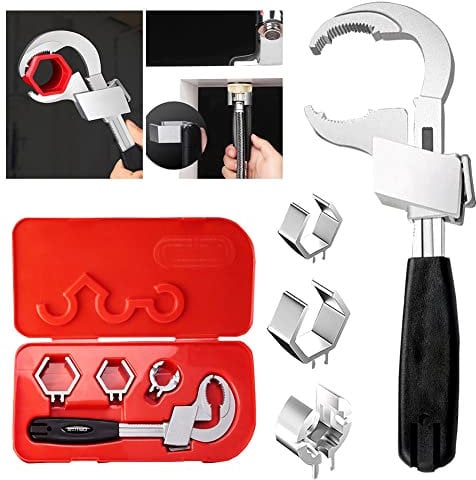 Wankeep Clé universelle réglable à double extrémité, multifonctionnelle, avec 3 têtes de rechange, kit d'outils de réparation pour robinet, salle de bain, cuisine