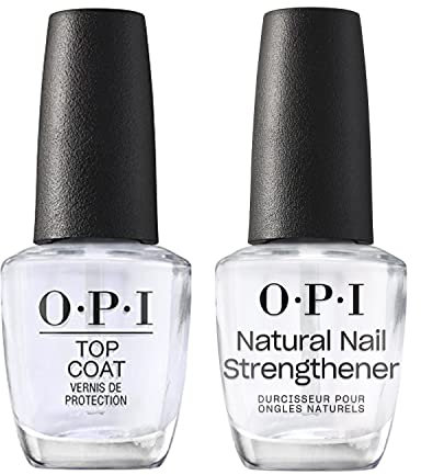 OPI Nail Polish Top and Base Coat Set, Daily Strengthener and Base Coat Against Discolouration, For Thin, Weak and Damaged Nails, Clear Polish, 2 x 15ml