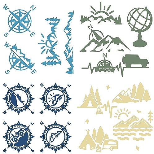 GORGECRAFT 4 Stile Kompass-Aufkleber Schnee Berg Baum Aufkleber 20 x 20 cm Globus PET Wasserfest Selbstklebend Reflektierend Autoaufkleber Kofferraum-Logo-Aufkleber Für LKW Motorrad Türen Laptop