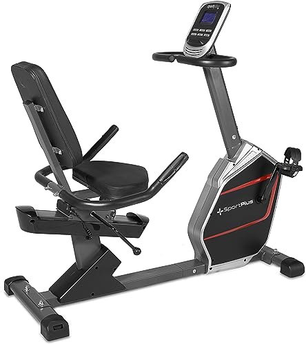 SportPlus | Sitz-Heimtrainer | Heimtrainer mit Magnetbremse 24 Widerstandsstufen, gelenk- und rückenschonend, extra weicher Sitz, bis 200 Watt, Fitnessgerät für Senioren, Schwarz/Rot