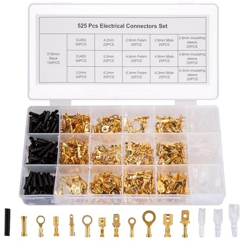 KOXXIAMOQ 525 piezas 2,8 mm 4,8 mm 6,3 mm Terminales de Cable aislados tipo espada, Conjunto de Terminales de Cable Planas, Kit de surtido de conexiones con funda aislante