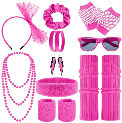 Partideal 17 Pcs 80s Fancy Dress Accessories for Women, 1980s Fancy Party Costume Set, Leg Warmers Fishnet Gloves Bead Necklace Bracelets Wristband Headband Scrunchies Earrings Sunglasses(Pink)