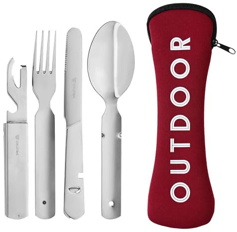 GRÄWE Cubertería de camping de 4 piezas con funda roja, cubiertos del ejército alemán, juego de cubiertos de acero inoxidable, juego de cubiertos para exteriores, encajable, con abrebotellas,