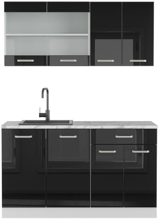 Vicco Singleküche R-Line, Küchenzeile Single, Schwarz Hochglanz/Weiß, 140 cm, AP Marmor