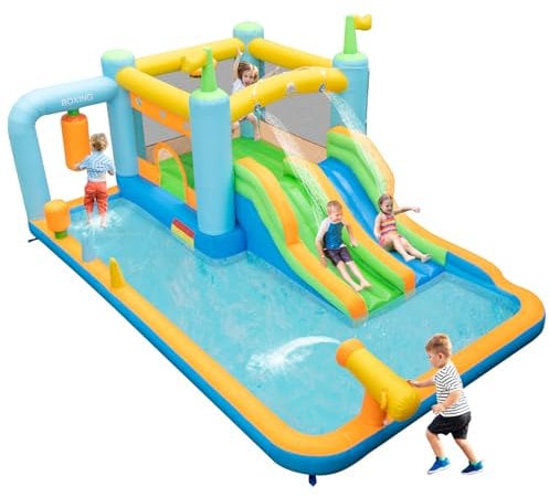 COSTWAY Castello Gonfiabile per Bambini, Casa Gonfiabile con 2 Scivoli, Piscina, Cannone d'Acqua e Sacco da Boxe, per 2 Bambini 3-10 Anni, 503 x 348 x 228 cm