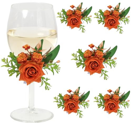 CherishedMoments 6Pcs Wine Cup Flower Set, Dining Tables, Plates Decorations，Burnt Orange Artificial Flowers Wine Cup for Wedding Ceremony Anniversary, Wedding Home Decor (Burnt Orange)