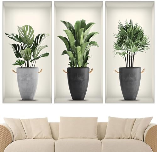 3 Piezas Pegatinas de Pared Decorativas, Adhesivos 3D Plantas Verdes, Jarrón para Decoración de Sala de Estar, Dormitorio (2)